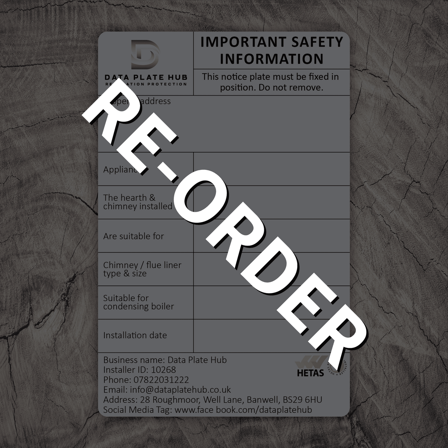 Bespoke-Data-Notice-Plate-For-Combustion-Appliances-DataPlateHub-Front-REORDER