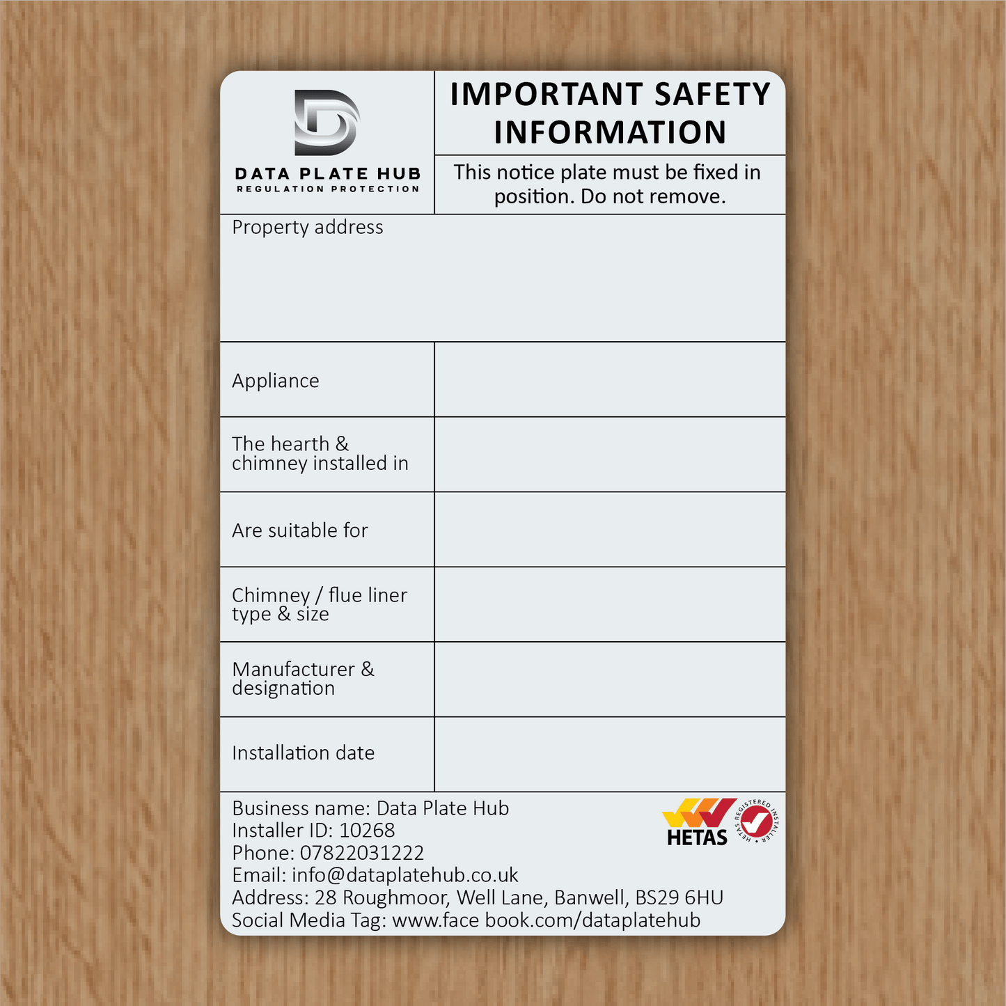 Customised Data Notice Plate - Chimney / Log burner / Flue / Stove / Multifuel