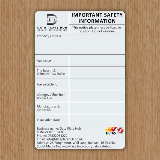 Customised Data Notice Plate - Chimney / Log burner / Flue / Stove / Multifuel