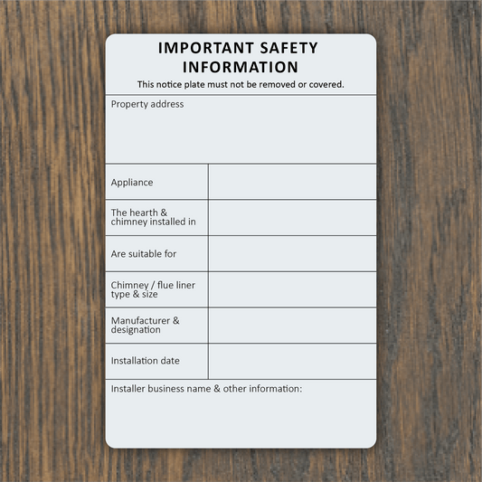 Data Notice Plate - Chimney / Log burner / Flue / Stove / Multifuel